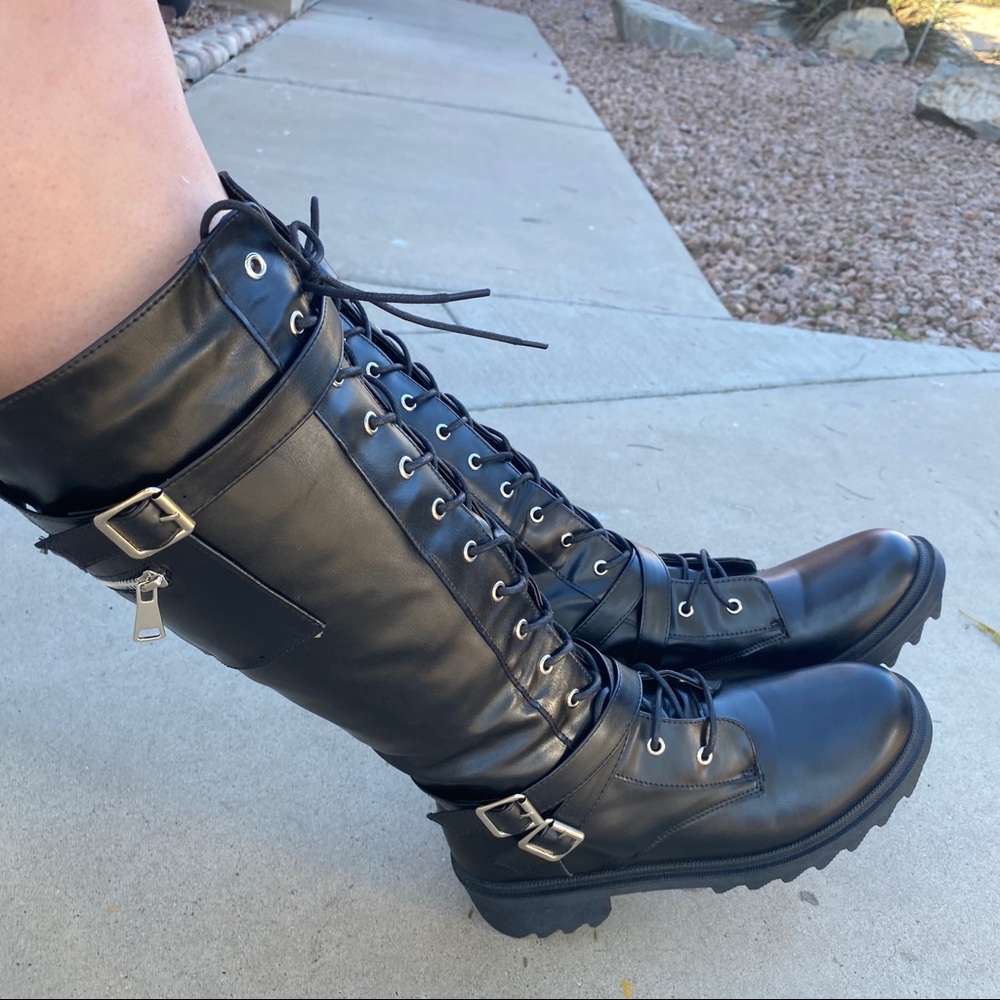 Black Vegan Leather Lace Up Cosplay Grunge Combat Moto Zipper Knee Boots